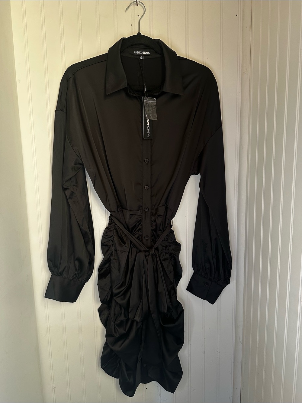 Fashion Nova Annaith Satin Shirt Dress Ruched Black Midi Size XL